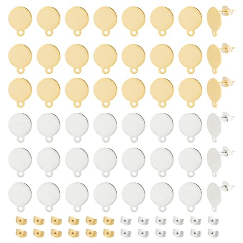 UNICRAFTALE 40 Stück 2 Farben 12mm Flacher Runder Ohrstecker Mit Ohrmutter Hypoallergener Ohrstecker Edelstahl DIY Ohrstecker Ohrringe Komponenten Für Die DIY-Schmuckherstellung von UNICRAFTALE