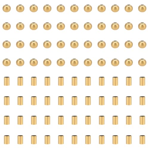UNICRAFTALE 400 Stück 2 Stil Runde Abstandsperlen 18 Karat Vergoldete Lange Röhrenperlen 2/3mm lose Edelstahlperlen Glatte Perlen Morsecode Armband Bausatz Armbandperlen Zur Schmuckherstellung von UNICRAFTALE
