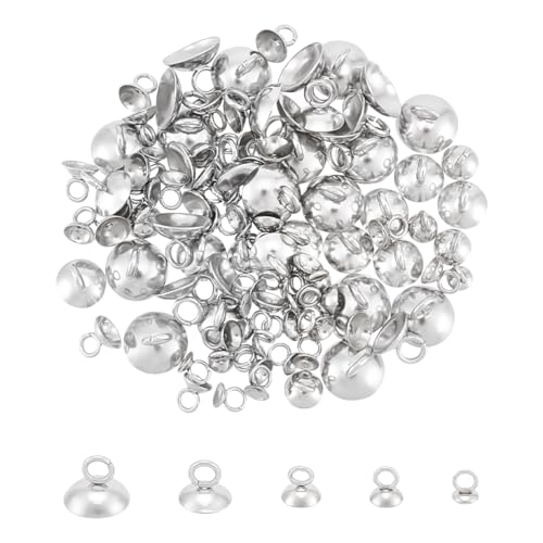 UNICRAFTALE 5 Größen 5-7mm Lang 100Stk Perlenkappe Anhänger Kaution 2-3mm Loch 304 Edelstahl Runde Kautionen Verschluss Baumel Charm Perle Anhänger Anschluss Befunde Für Halskette Schmuckherstellung von UNICRAFTALE