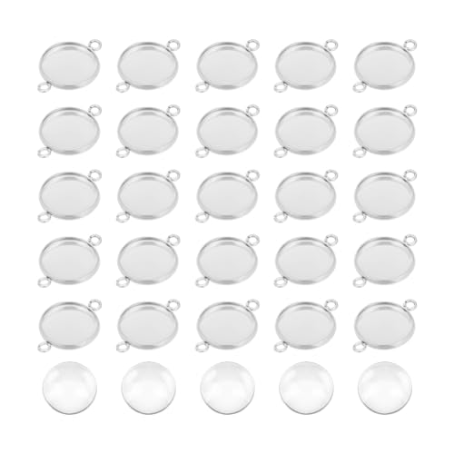 UNICRAFTALE 50 Sets 12mm Flache Runde Cabochon Rohlinge Verbindungs Anhänger Edelstahl Cabochon Armbänder Anhänger Metall Lünette Anhänger Mit Transparenten Glas Cabochons Für Schmuckherstellung von UNICRAFTALE