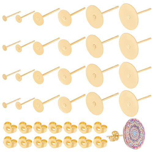 UNICRAFTALE 60 Sets DIY Ohrstecker 3/4/5/6/8/10mm Flache Runde Mit Ohrmuttern 0.8mm Pin Golden Flache Pad Rohlinge Edelstahl Ohrringe Zubehör Für DIY Herstellung von UNICRAFTALE
