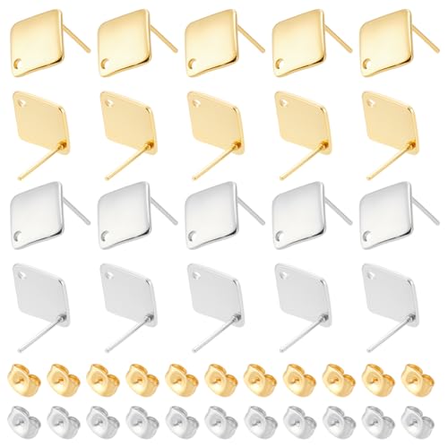 UNICRAFTALE 60 Stück 2 Farben Rautenform Ohrstecker Edelstahl Ohrstecker Mit 60 Stück Ohrmuttern Ohrstecker Mit 1.5mm Loch Ohrstecker Für DIY Ohrringe Schmuckherstellung von UNICRAFTALE