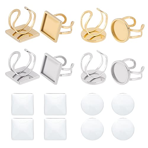 UNICRAFTALE 8 Sets 2 Farben Quadratisch Rund Offener Manschettenring Lünette Tablett US Größe 7~8 201 Edelstahl Leere Cabochon Ringbasen Mit Glas Cabochons Für Ringherstellung Fach: 16 mm von UNICRAFTALE