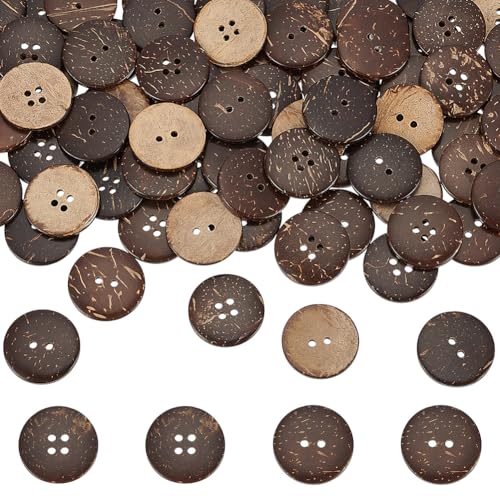 UNICRAFTALE Ca. 100 Stück 2 Stile Natürliche Kokosnussknöpfe 25mm Durchmesser Flache Runde Knöpfe Häkelknopf Handknopf Brauner Holz Näh Ersatzknopf Zum Nähen von Verschlüssen Scrapbooking Basteln von UNICRAFTALE