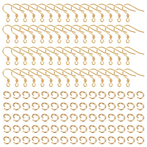 UNICRAFTALE Ca. 100 Stück Goldene Ohrringhaken Hypoallergenes Ohrring Herstellungsset DIY Ohrhaken Ohrring Zubehör Mit 100 Offenen Biegeringen Für Die DIY Schmuckherstellung, 18x16x0.8 mm von UNICRAFTALE