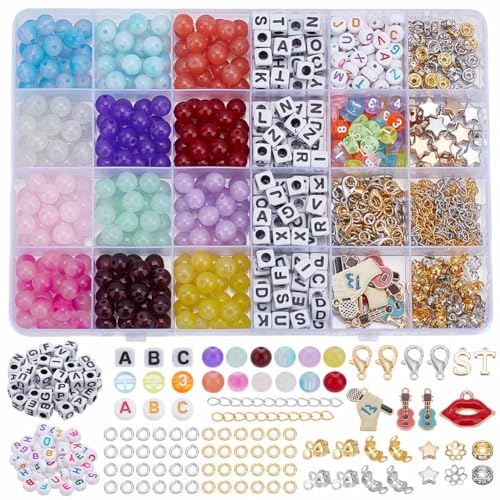 UNICRAFTALE Ca. 1100 Stück Freundschaftsarmband-Set, 8–9 mm, Glas-Rocailles für Schmuckherstellung, 400 Stück Acryl-Buchstabenperlen (A-Z) mit Charms, Strass-Abstandshalter, Perlen für DIY-Geschenke von UNICRAFTALE
