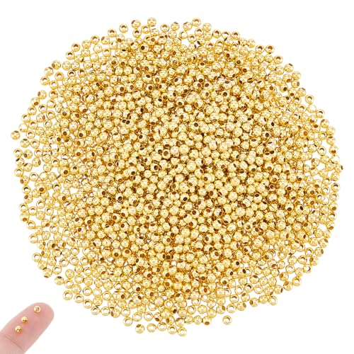 UNICRAFTALE 2000 Stück 3mm Runde Abstandsperlen Goldene Perlen Kleine Nahtlose Perlen Glatte Lose Perlen 1.2mm Loch Metallkugel Winzige Perlen Für Machen Schmuck Ohrring Armbänder Halskette von UNICRAFTALE