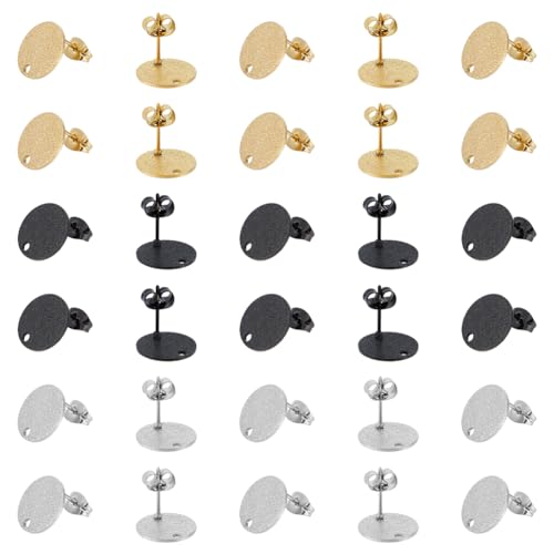 UNICRAFTALE Flache runde Ohrstecker für Schmuckherstellung, 30 Stück, 3 Farben, 12 mm, Edelstahl-Ohrstecker mit Ohrringverschlüssen, strukturierte Ohrringpfosten mit Loch für DIY-Ohrringe von UNICRAFTALE