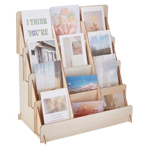 UNICRAFTALE Grußkartenständer Mit 4 Ebene Und 12 Fächern Organizer Rack Aus Holz Kartenhalter Für Einzelhandelsgeschäfte Kartenhalter Für Aufkleber Postkarten Broschüren Fotos 35x20x38cm von UNICRAFTALE