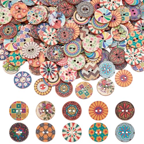 UNICRAFTALE Holzknöpfe mit 2 Löchern, zum Basteln, rund, Vintage, dekorative Knöpfe, bunt, verschiedene Knöpfe, gemischte Knöpfe für Kleidung, Nähen, DIY, 200 Stück von UNICRAFTALE