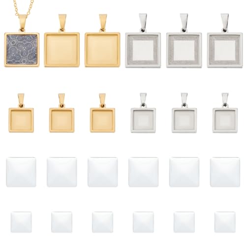 UNICRAFTALE 12 Sets 10/15mm Cabochon Rohlinge Anhänger Set Gold Platz Cabochons Anhänger Tablett Cabochon Rohlinge Rund Anhänger Lünette Edelstahl Blanko Anhänger Herstellungsset DIY Schmuck von UNICRAFTALE