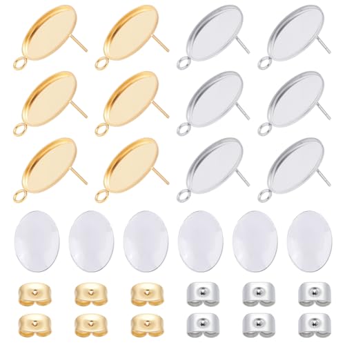 UNICRAFTALE Ohrstecker aus Edelstahl, Cabochon-Einstellungen, 18 x 11 mm, ovale Ohrstecker, Rohlinge mit Ohrmuttern, für DIY-Schmuckherstellung, 2 Farben, 60 Sets von UNICRAFTALE