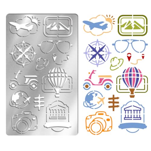 UNICRAFTALE Reise Metallschablone Edelstahl Malschablone Für Tagebuch Kamera Brille Heißluftballon Flugzeug Wiederverwendbare Vorlage Für Scrapbooking Holzbrandzeichnung von UNICRAFTALE