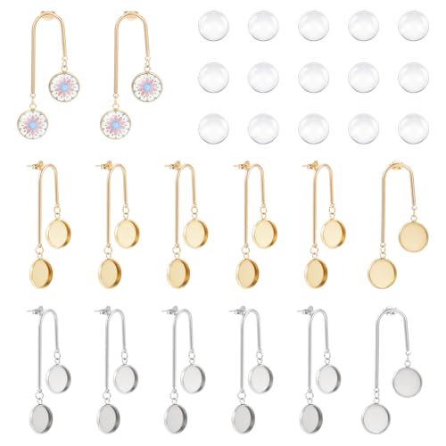 UNICRFTALE 2 Farben 12 Stück doppelte, flache runde Ohrstecker-Lünetten Tablett, Edelstahl-Ohrstecker-Einstellungen mit 24 Glas-Cabochons, Ohrringsockel für Schmuckherstellung von UNICRAFTALE
