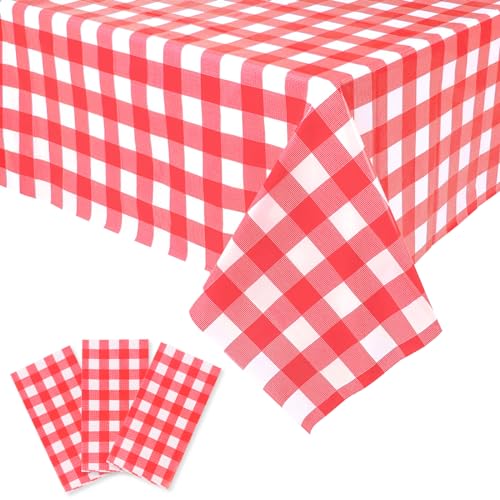 3 Pack Karierte Tischdecke 54 x 108 Zoll Gingham Tischdecke Rechteck Kunststofftischdecke Einweg-Picknick-Tischdecke für BBQ Geburtstag Baby Dusche Party 4. Juli Dekorationen (rot) von UNIIDECO