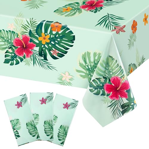 3 Stück Hawaiianische Luau Tischdecke, Tropische Party Tischdecke Hawaii Palmblätter Einweg-Plastik-Tischdecke für Luau Sommer Aloha Tiki Geburtstag Dekorationen 54 x 108 IN von UNIIDECO