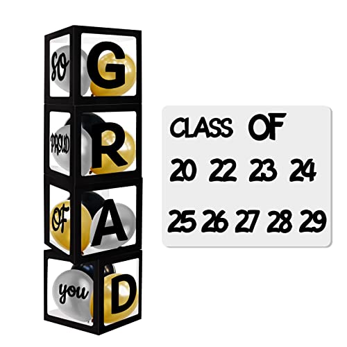 Klasse 2023 Dekorationen Schwarz Abschluss Ballon Box Kit mit Buchstaben "Grad", So Proud of You" und "Class of 2023", UNIIDECO Grad Party Dekoration Supplies, mit schwarz-goldenen Silberballons von UNIIDECO