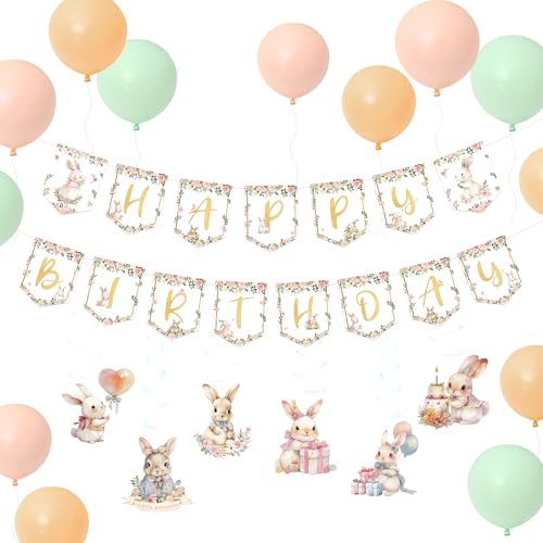 Osterhasen-Geburtstagsdekorationsset, 36-teiliges Hasen-Partyzubehör mit Happy Birthday-Banner, hängende Wirbel, Deckendekoration und Luftballons für Mädchen, Geburtstag, Babyparty, Osterhasen-Geburtstagsdekorationsset, 36-teiliges Hasen-Partyzubehör mit Happy Birthday-Banner, hängende Wirbel, Deckendekoration und Luftballons für Mädchen, Geburtstag, Babyparty, von UNIIDECO