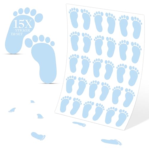 Babyfüße Deko Sticker Set, 15 Stück, Aufkleber ca. 8x5 cm in Hellblau, Fußabdruck Wandsticker, Bodenetiketten für Baby-Partys, Kinderzimmer, Baby Shower Dekoration, Selbstklebend und Wiederverwendbar Babyfüße Deko Sticker Set, 15 Stück, Aufkleber ca. 8x5 cm in Hellblau, Fußabdruck Wandsticker, Bodenetiketten für Baby-Partys, Kinderzimmer, Baby Shower Dekoration, Selbstklebend und Wiederverwendbar von UNIK Nordic