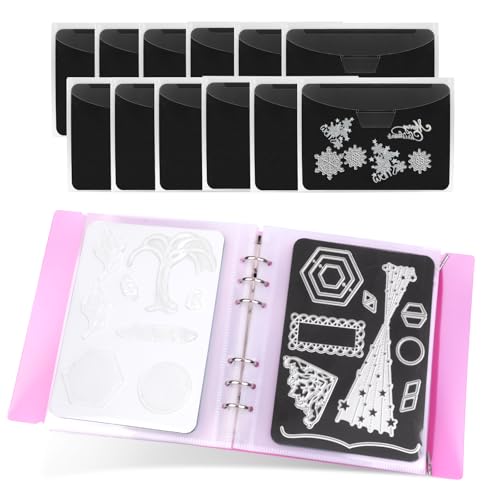 UNIMEIX Magnetische Blätter zur Aufbewahrung von Stanzformen mit rosa Binderabdeckung und 12 Siegelbeuteln, Aufbewahrungstaschen für Stempel und Stanzformen, gestanzte Aufbewahrung für von UNIMEIX