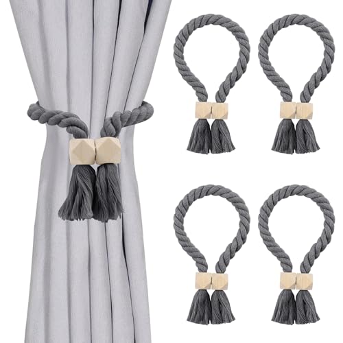 4 Stück Magnetische Vorhang Raffhalter, Gardinenhalter Vorhanghalter, Gardinenraffer aus Holz Boho, Gardinen Raffhalter, Baumwollseil, Raffhalter für Gardinen Home Büro Gardinen Deko (Grau) von UNINGYI