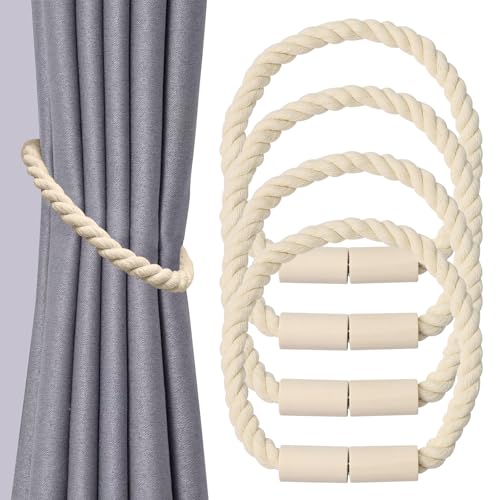 4 Stück Magnetische Vorhang Raffhalter, Gardinenhalter Vorhanghalter, Gardinenraffer aus Holz Boho, Gardinen Raffhalter, Baumwollseil, Raffhalter für Gardinen Home Büro Gardinen Deko von UNINGYI