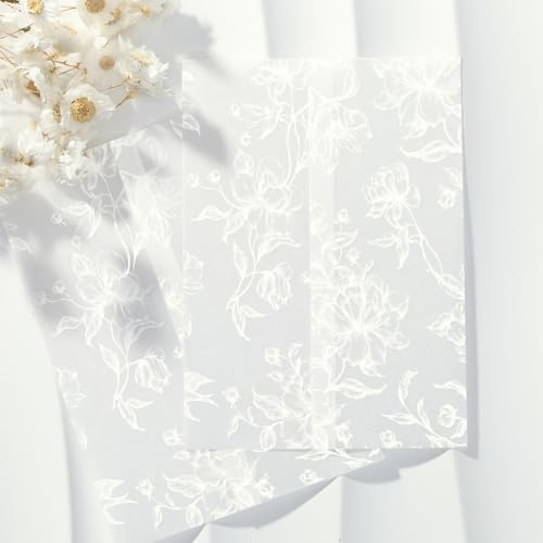 UNIQOOO Graceful White Bloom Pergamentumhüllen für 12,7 x 17,8 cm Einladungen, 115 g/m², vorgefaltetes Pergamentpapier, für Hochzeitseinladungen, weißes Thema, Hochzeiten und Veranstaltungen, 50 Stück von UNIQOOO
