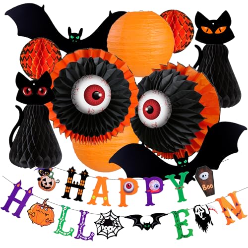 UNIQOOO Halloween Papierlaterne Dekorationen Set, 11 Stück mit schwarzer Katze, Augapfel Fledermaus Designs und Banner, Indoor Outdoor Party Requisiten, 15.2 cm-30.5 cm von UNIQOOO