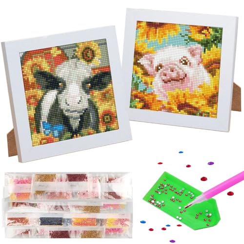 UNIQUORS 5D Diamond Painting Kinder mit Rahmen 2 Pack Tiere, Diamond Painting Erwachsene Sonnenblume, DIY Diamant Malerei Kuh Schwein, Full Kristall Strass Stickerei für Home Wanddekoration, 18x18cm von UNIQUORS