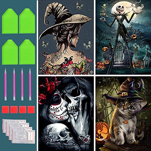 UNIQUORS Diamond Painting 4er Set Halloween, 5D Diamant Painting Erwachsene Bilder Katze, Kürbis und Hexe, DIY Diamant Malerei Liebe Skelett Schmetterling für Home Wall Décor (30x40cm) von UNIQUORS