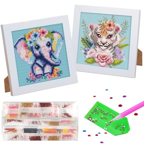 UNIQUORS Diamond Painting Kinder Set, 2 Stück Diamant Painting Bilder Tiere Elefant Tiger, 5D DIY Diamond Painting Erwachsene Bunt Blumen, Diamant Malerei mit Rahmen für Home Wand Decor, 18x18cm von UNIQUORS