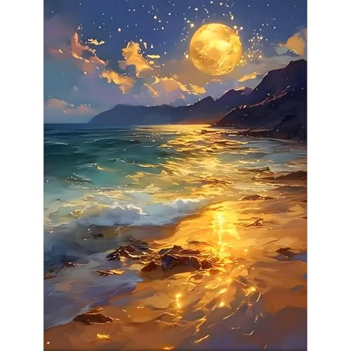 UNIQUORS Malen Nach Zahlen Erwachsene Landschaft, Ölgemälde Leinwand Strand und Mond Set mit Pinsels Und Acrylfarbe für Anfänger, Paint by Numbers Kids, 40x50cm (Ohne Rahmen) von UNIQUORS