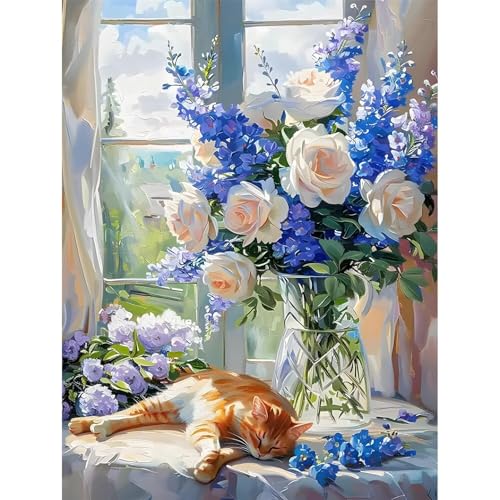 UNIQUORS Malen Nach Zahlen Erwachsene und Kinder, Ölgemälde Abstrakt Handgemalt Set für Anfänger, Paint by Numbers for Home Decor, Ohne Rahmen (Katze, Vase und Blumen) von UNIQUORS