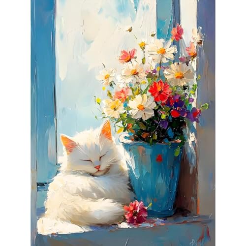 UNIQUORS Malen nach Zahlen Tiere Erwachsene, DIY Handgemalt Ölgemälde Leinwand Kits mit Pinsels und Acrylfarbe, Paint by Numbers Flowers, Ohne Rahmen 40x50 cm (Katze und Blumen) von UNIQUORS