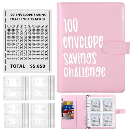 100 Envelope Saving Challenge, 100 Umschläge Geld Spar-Challenge, A5-Geldspar Ordner mit Geldumschlägen, Sparen Sie 5.050 € Budgetplaner, Sparbuch für Schule, Zuhause, Büro (Pink) von UNISOPH
