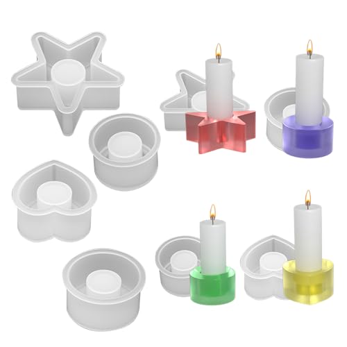 4 Stück Silikonform Kerzenhalter, DIY Giessform Kerzenhalter, 3D Kerzenhalter Silikonformen Epoxidharz Stern, Herz, Kreis, für Kerzenständer Tablett,Haus Dekoration,DIY Geschenke von UNISOPH