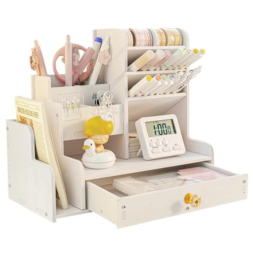UNISOPH Schreibtisch Organizer Stiftehalter, Multifunktionaler Schreibtischorganizer, DIY-Stiftehalter mit Schubladenbox, Stifthalter Schreibtisch Organizer holz für Zuhause,Büro,Schule(Weiß) von UNISOPH
