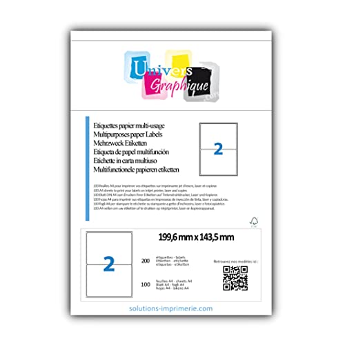 100 Etiketten Type A5 (199,6 x 143,5mm) = 50 Blatt A4 / 2 Etiketten, mattweiss, selbstklebend, bedruckbar, permanent haftende Adressaufkleber. Kompatibel mit Laserdruckern und Tintenstrahldruckern. von UNIVERS GRAPHIQUE