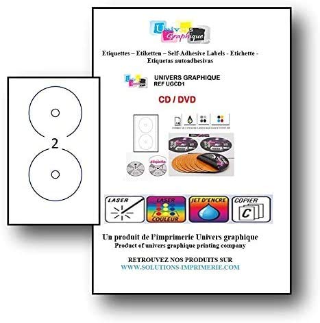40 Sticky CD - DVD-Etiketten, Durchmesser 117 mm + Loch 17 mm, 2 Etiketten pro Blatt, Platzierungsvorlage enthalten. von UNIVERS GRAPHIQUE