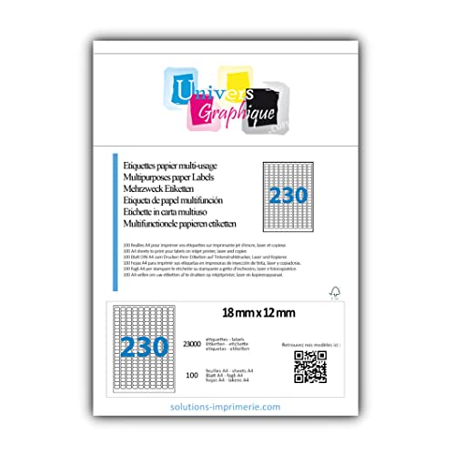 100 Blatt DIN A4 zu je 230 Mini-Etiketten (12x18mm) = 23000 Etiketten, mattweiss, selbstklebend, bedruckbar, permanent haftende Adressaufkleber. Kompatibel mit Laserdruckern und Tintenstrahldruckern. von UNIVERS GRAPHIQUE