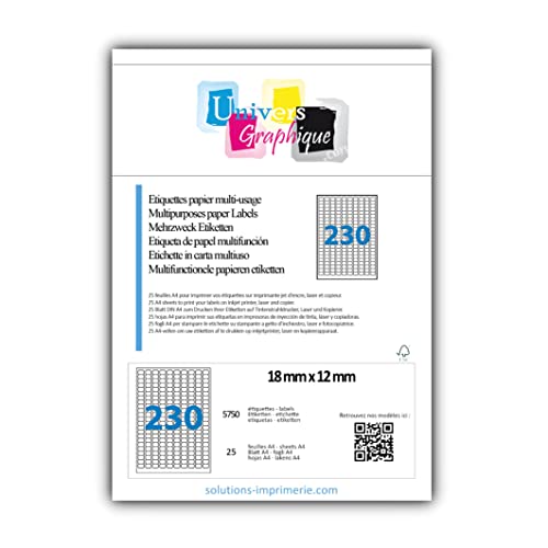 25 Blatt DIN A4 zu je 230 Mini-Etiketten (12x 8mm) = 5750 Etiketten, mattweiss, selbstklebend, bedruckbar, permanent haftende Adressaufkleber. Kompatibel mit Laserdruckern und Tintenstrahldruckern. von UNIVERS GRAPHIQUE