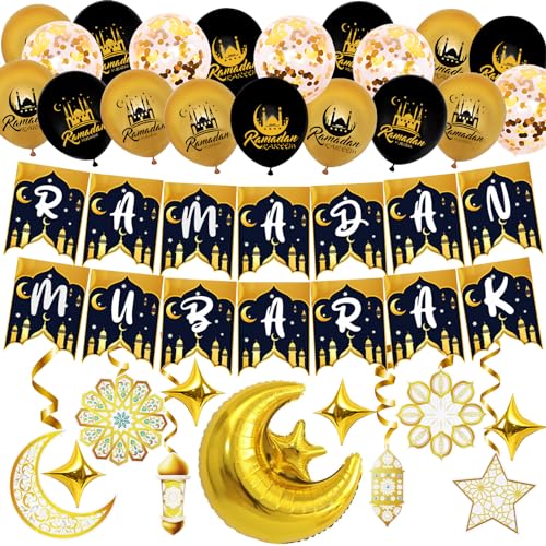 Ramadan Deko, Ramadan Mubarak Banner mit Ballons, Ramadan Dekoration, Ramadan Deko Set für Ramadan Kareem Dekoration, Eid Mubarak Dekoration - Schwar von UNIVERTEN