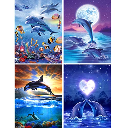 UNIVERTEN Diamond Painting Set, 4er Diamant Bilder, DIY 5D Painting Kinder Erwachsene, Malerei Kits, Kristallartiges Kreuzstichset für Home Wall Décor, Delfin(30×40cm) von UNIVERTEN