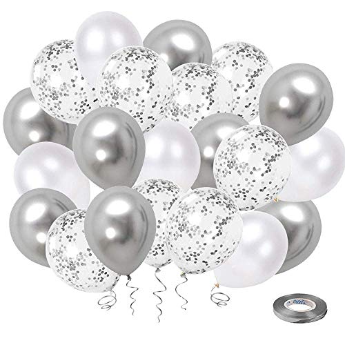 Luftballons Silber Weiß UNOEYSAT Helium Ballons Hochzeit 50 Stück 30 cm Silber Konfetti Metallic Weisse Latex Luftballon Set als Jungen Geburtstag Baby Shower Taufe Party Dekoration von UNOEYSAT