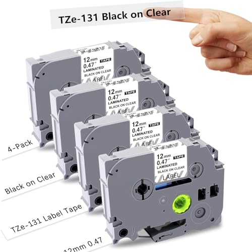 UNOKA TZe-131 Komaptibel für Brother P-touch Bänder 12mm Clear Transparent, Tze 131 Tz Tape 12mm 0.47 für Brother Ptouch PT-H100LB H105 H110 PT-D400 H107B H100R, Laminiertes Schwarz auf Durchsichtig von UNOKA