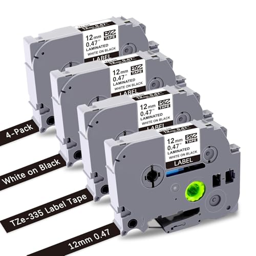 UNOKA TZe-335 Kompatibel für Brother P touch Bänder Weiß auf Schwarz TZe335, Tape Cassette 12mm 0.47, TZe Schriftband für Beschriftungsgerät P-touch CUBE Plus H107B H105 H110 P300BT D400 E100, 4 Pack von UNOKA