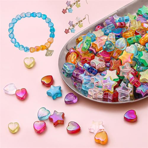 UNOZAVER 600 Stück Acryl Perlen, Glitzer Bunte Herz Perlen und Stern Perlen, Transparent Perlen zum Basteln für Armbänder, Halsketten, Ohrringe, DIY-Schmuckherstellung von UNOZAVER