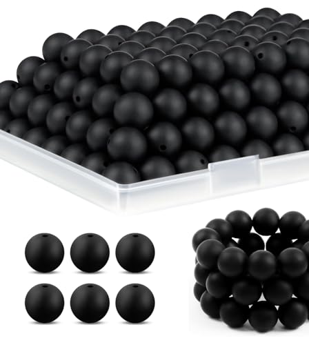 UNOZAVER 100 Stück Schwarz Silicone Perlen zum Auffädeln, 15mm Silikonperlen Bastelperlen für Armband, Halskette, Schlüsselbund, Schmuck Herstellung, DIY Handwerk (Schwarze) von UNOZAVER