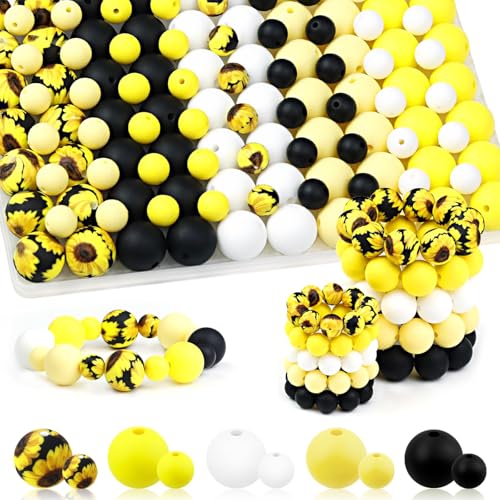 UNOZAVER 100 Stück Silikonperlen Set, 9mm & 15mm Bunt Silikon Bastelperlen für Armbänder, Stifte, Schmuck, DIY Handwerk, Schlüsselanhänger Herstellung (Gelb Schwarz Weiß) von UNOZAVER