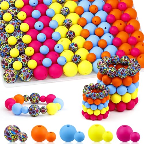 UNOZAVER 100 Stück Silikonperlen Set, 9mm & 15mm Bunt Silikon Bastelperlen für Armbänder, Stifte, Schmuck, DIY Handwerk, Schlüsselanhänger Herstellung (Neon Mischfarben) von UNOZAVER